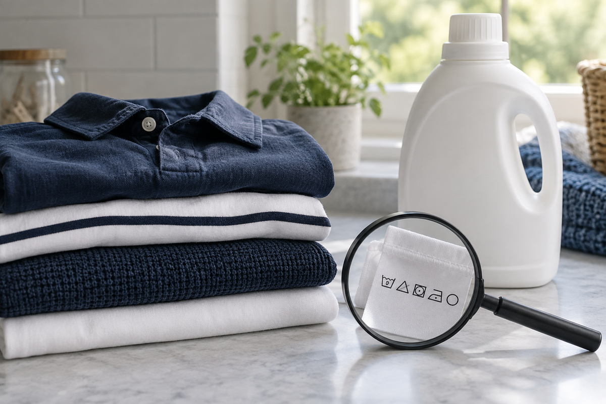 Folded navy and white laundry beside a plain detergent bottle and a magnifying glass over care symbols.