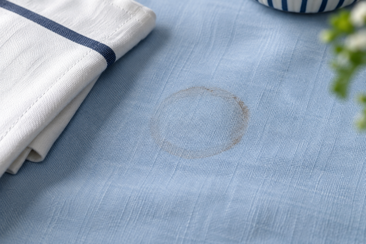 A faint circular drying ring on pale blue woven cotton beside a folded clean cloth.