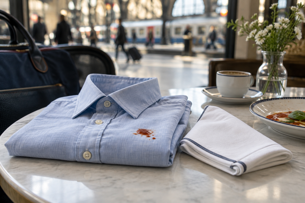 A fresh sauce spot on a pale blue shirt beside a clean napkin and travel bag at a café.