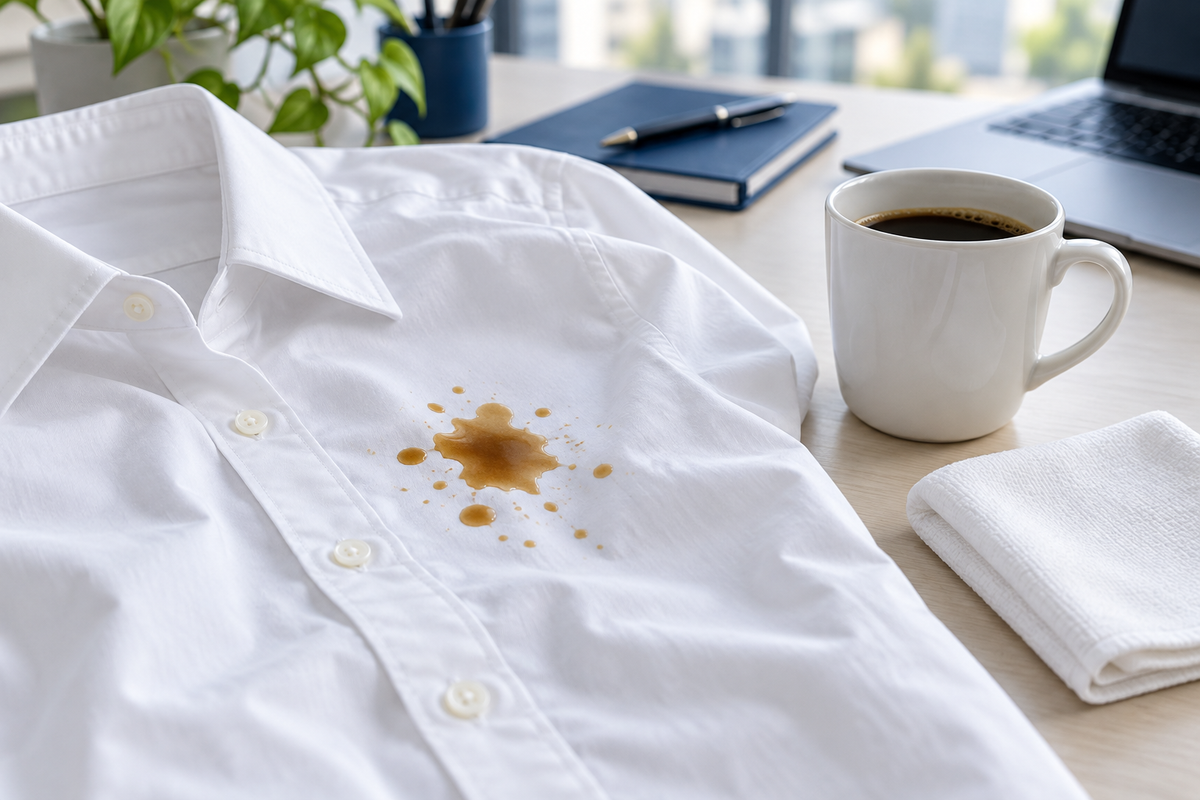 Coffee splashed on a white cotton shirt beside a mug and clean cloth on an office desk.