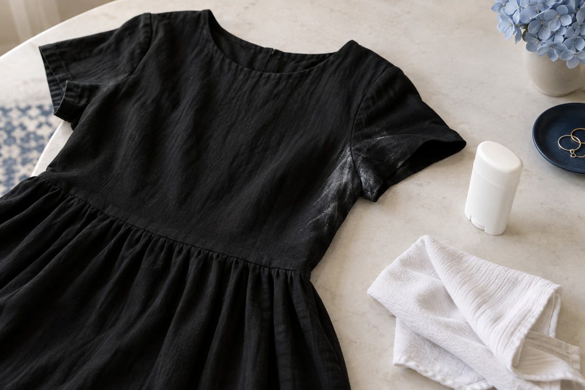 White deodorant streaks on a black cotton dress beside a clean dry cloth and plain deodorant container.