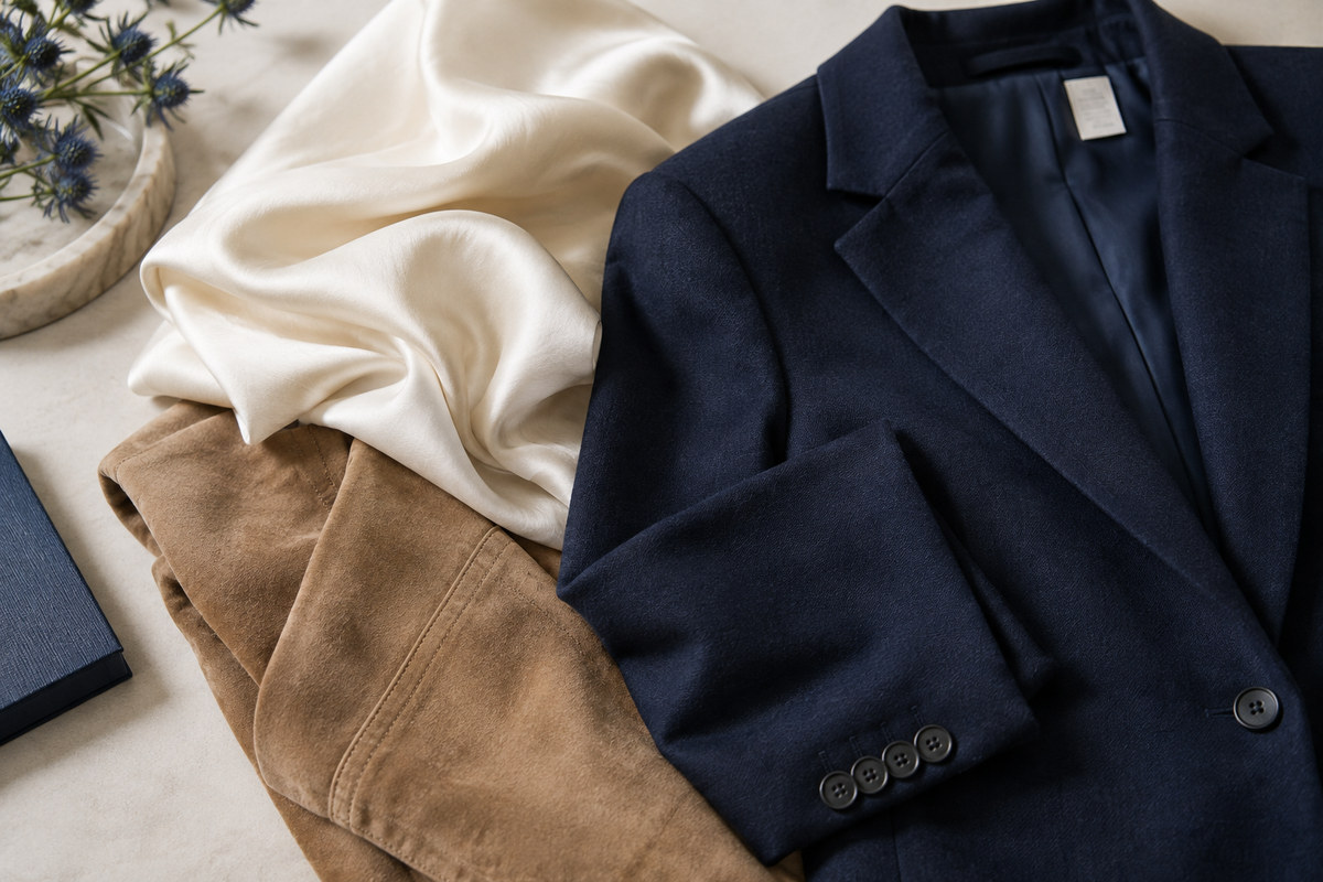Ivory silk, tan suede and a navy tailored jacket, illustrating fabrics that need specialist care.
